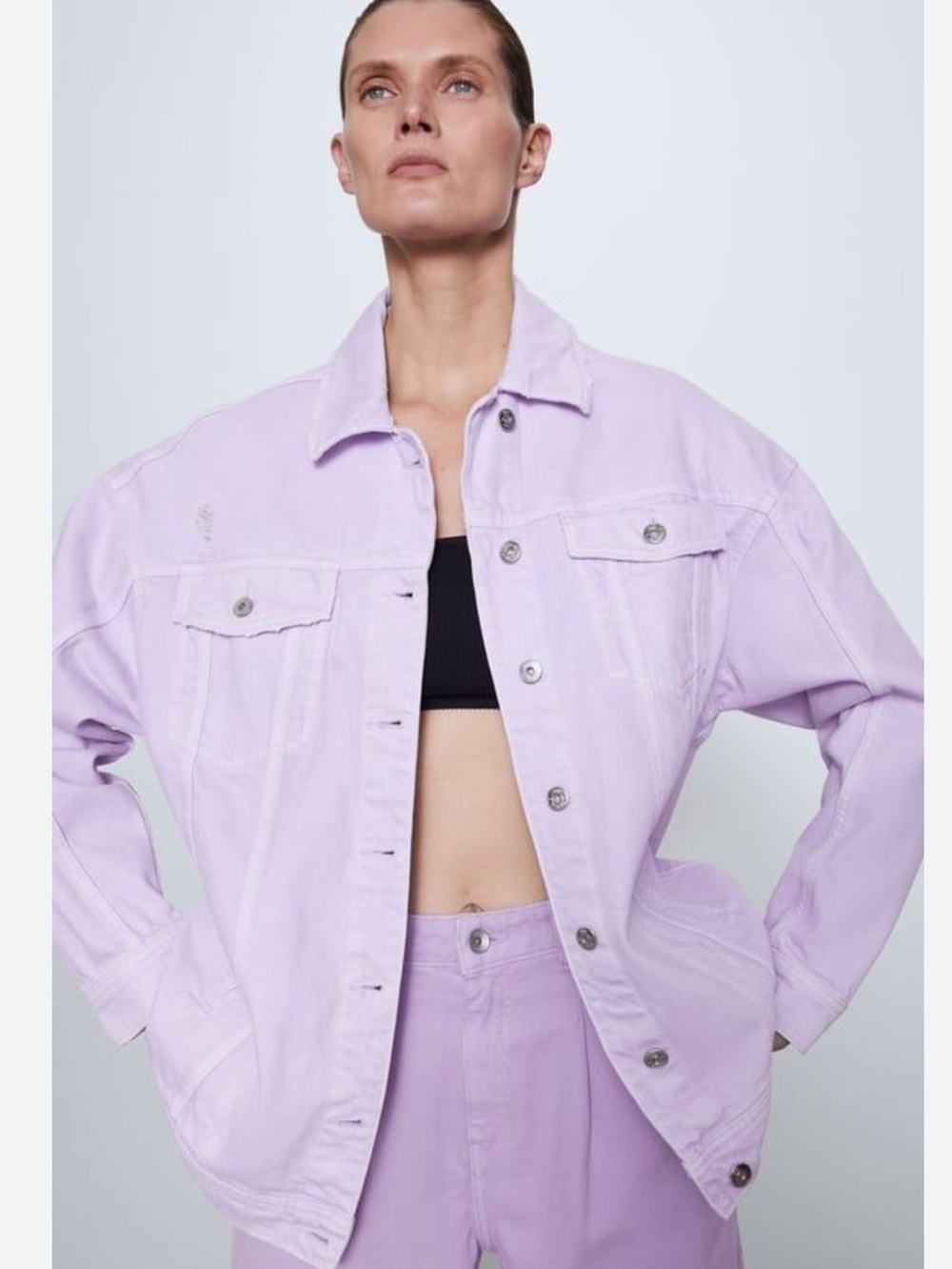 Zara Lilac Oversized Distressed Denim Jacket - Lavender Size Medium